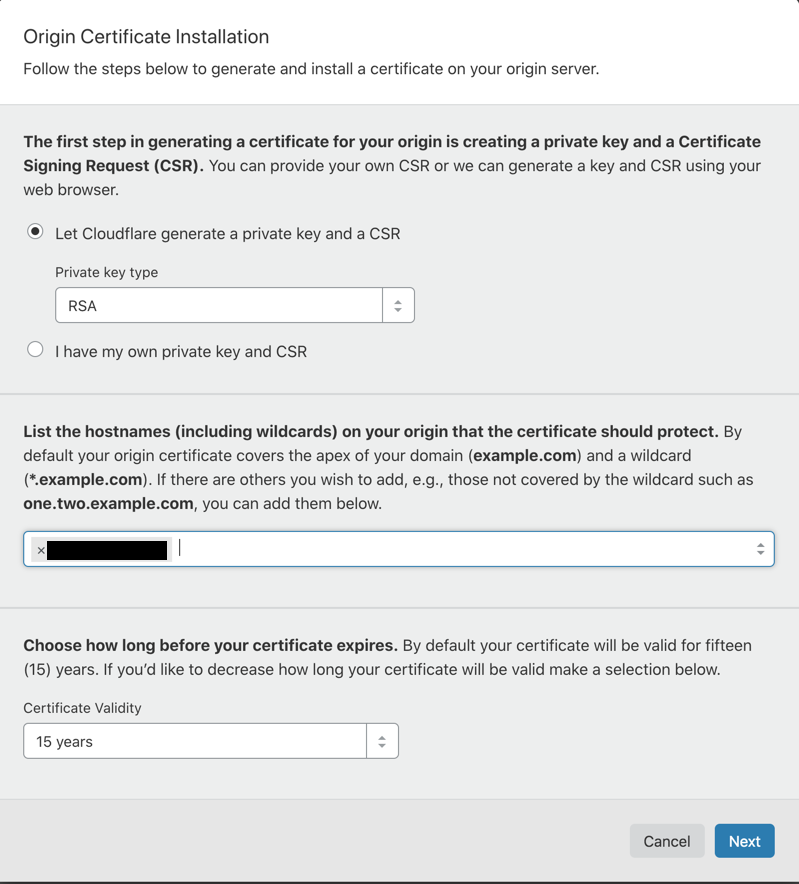 Origin Certificate Generation Dialog